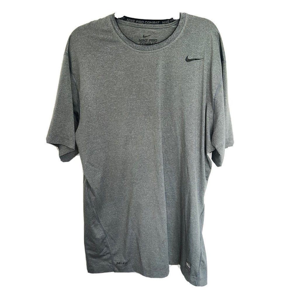 NIKE Pro Combat Shirt Mens 2XL Gray Tee Performance Short Sleeve Dri Fit (B)